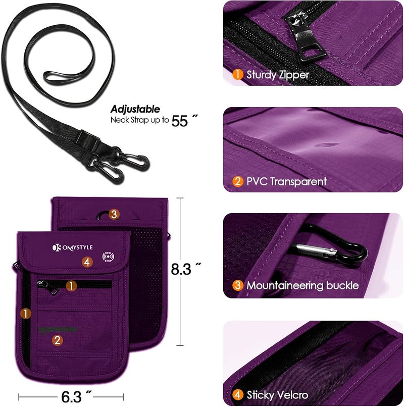 OMYSTYLE Neck Wallet, RFID Passport Holder for Travel, Adjustable Neck Strap, Waterproof Neck Pouch for Men & Women to Keep Cash, Credit Cards and Documents Safe, Purple (8x6) - Image 3